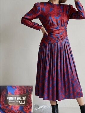Vintage 80s Ronnie Heller for MJ Paisley Dress Padded Shoulders Size 6